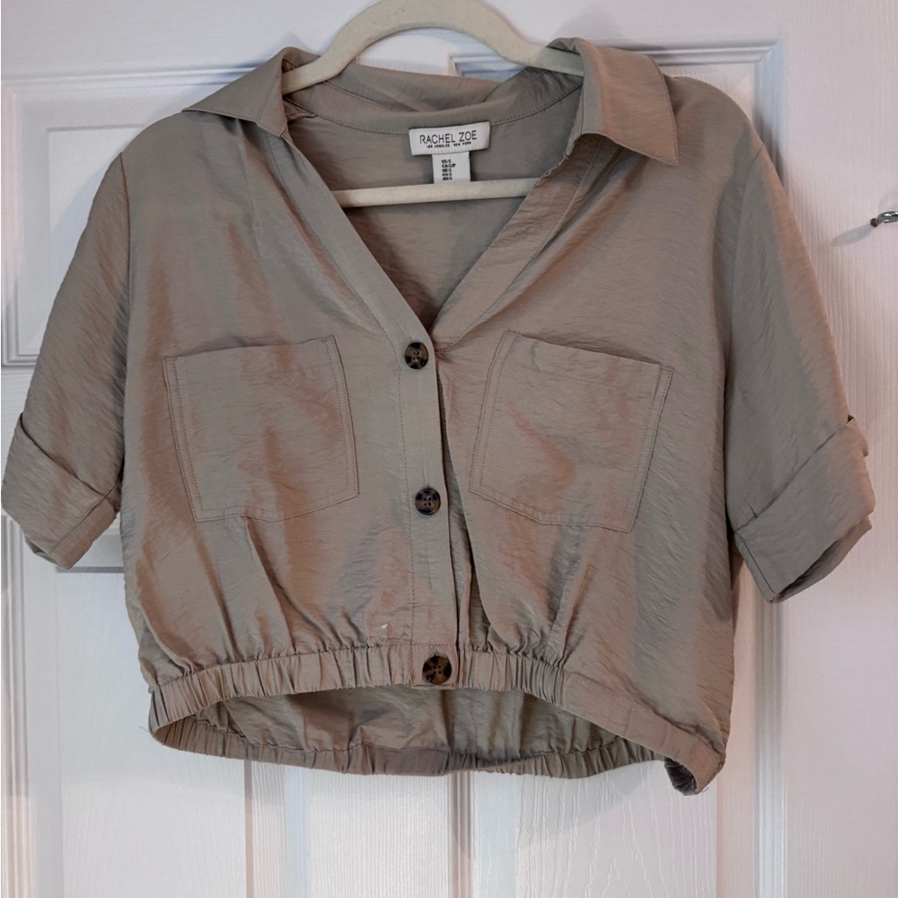 Rachel Zoe Tan/ Green Cropped Button-Up Shirt
